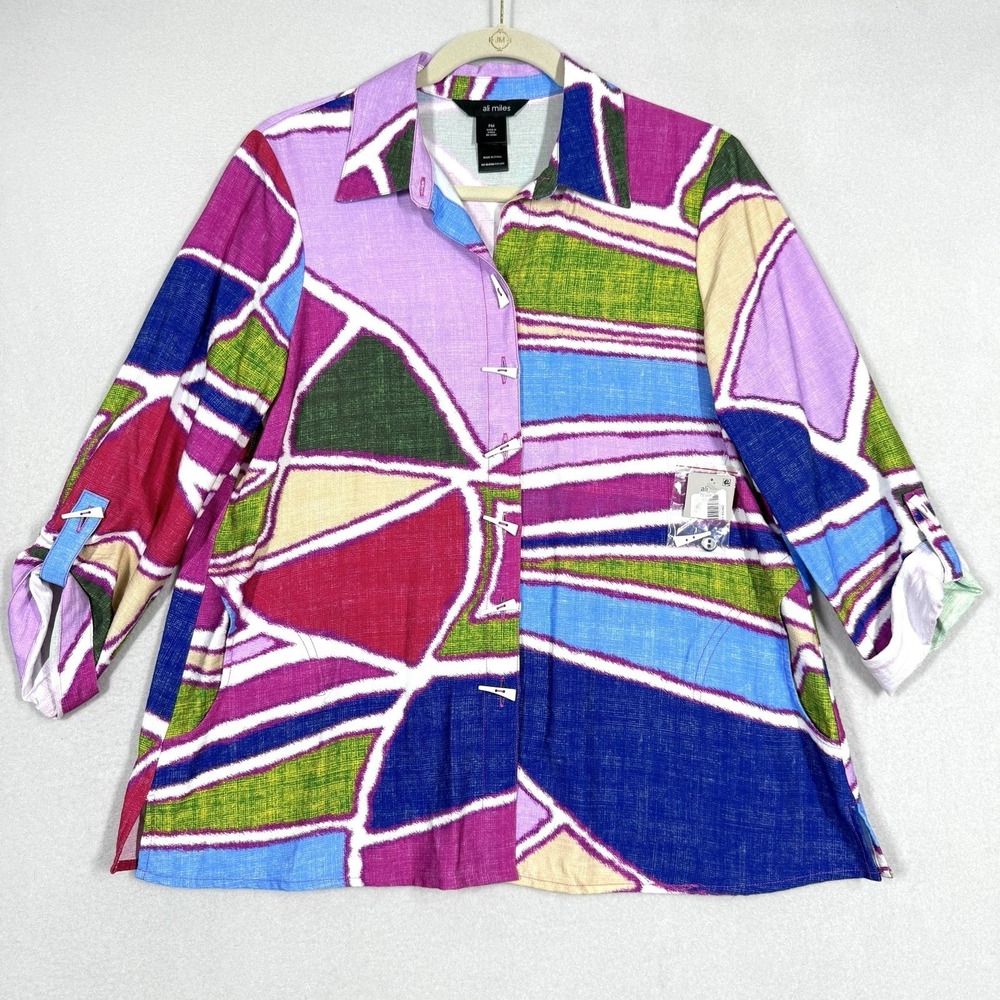 Ali Miles Top Womens‎ Medium Petite Roll Tab Sleeve Artsy Abstract Colorful NWT